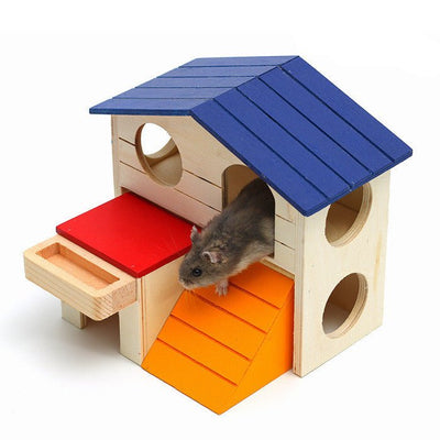 Wooden Hamster Toys Blue Top Villa Hamster Chalet Small Pet Toys Molar Decompression - Liora Paws